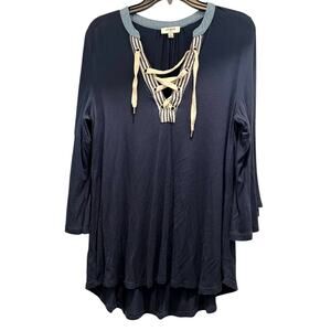 UMGEE Blue corset pirate y neck bell sleeve chambray trim blouse SZ S